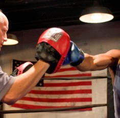 Guy Van Swearingen (left) as the trainer and Kamala Angelo Bolden as the fighter in Brett Neveu's The  Opponent credit Michael Brosilow