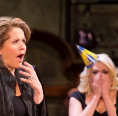 Renée Fleming and Patrick Stewart spoof a Kinko's farewell party at Lyric Unlimited Presents "The Second City Guide to the Opera" at in the Ardis  Krainik Theater in the Civic Opera House.. © Todd Rosenberg Photography 2012