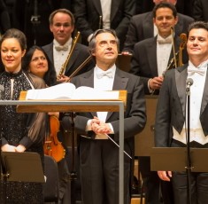 Left to right Chicago Symphony Chorus director Duain Wolfe soprano Eleonora Buratto mezzo-soprano Anna Malavasi muic director Riccardo Muti tenor Saimir Pirgu bass-baritone Adam Plachetka photo by Todd Rosenberg