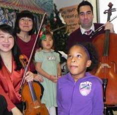 Civitas members Yuan-Qing Wu (violin), Kenneth Olsen (cello) and J. Lawrie Bloom (clarinet) with their favorite audience, hospitalized children (credit Civitas)