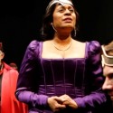 As Cardinal Wolsey (Scott Jaeck) and Cardinal Campeius (David Darlow) look on, Queen Katherine (Ora Jones) pleads her case to King Henry VIII (Gregory Wooddell) in "Henry VIII" at Chicago Shakespeare Theater 2013 credit Liz Lauren