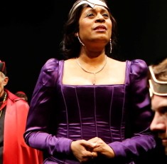 As Cardinal Wolsey (Scott Jaeck) and Cardinal Campeius (David Darlow) look on, Queen Katherine (Ora Jones) pleads her case to King Henry VIII (Gregory Wooddell) in "Henry VIII" at Chicago Shakespeare Theater 2013 credit Liz Lauren