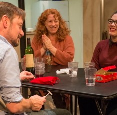 Boyfriend Richard (Lance Baker, foreground) learns a family tradition from the Blakes, from left, Erik (Keith Kupferer), Deirdre (Hanna Dworkin), Aime