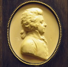 Mozart, detail of plaster relief of wood engraving by Leonard Posch  (Wien Kunsthistorisches Museum)